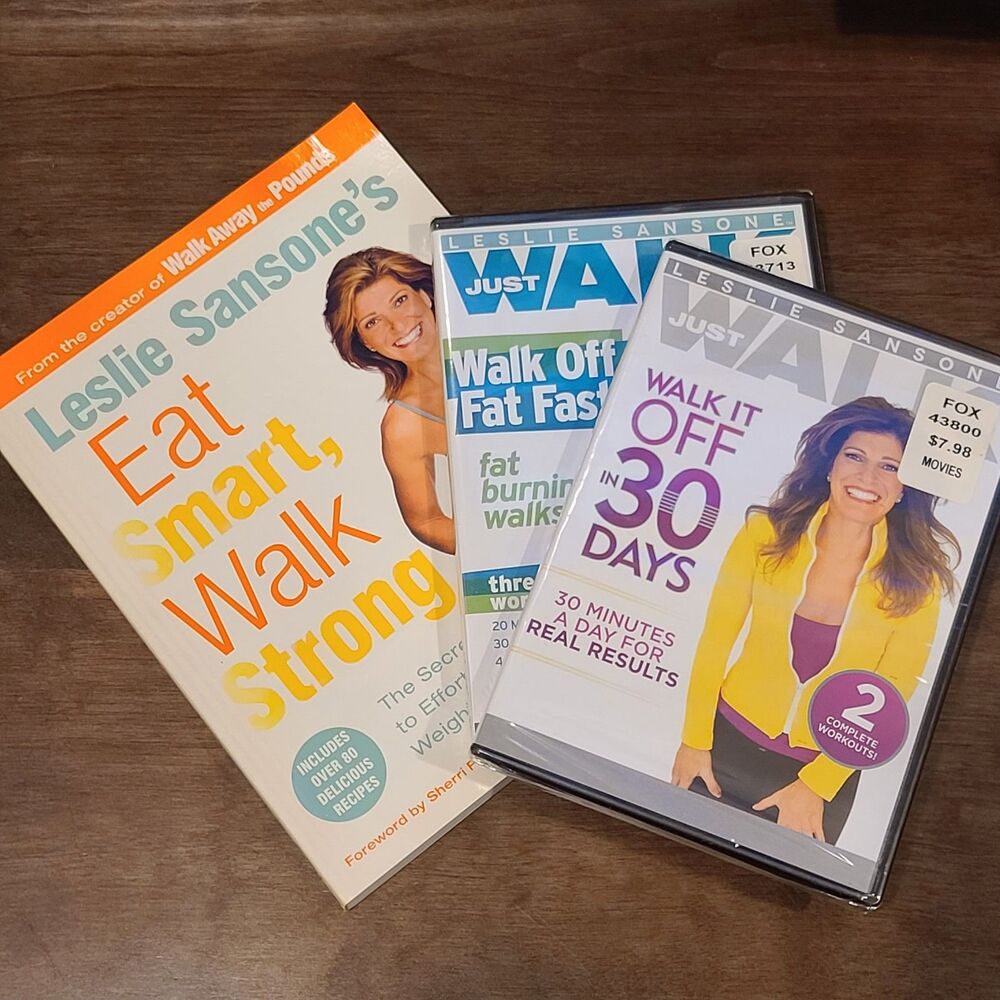 LOT: Leslie Sansone WALKING FITNESS 2 Sealed DVDs + Eat Smart Walk Strong Book